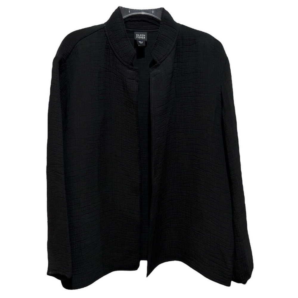 Eileen Fisher Size L Crinkled Sponge Jacket Black Silk Rayon Mandarin Collar